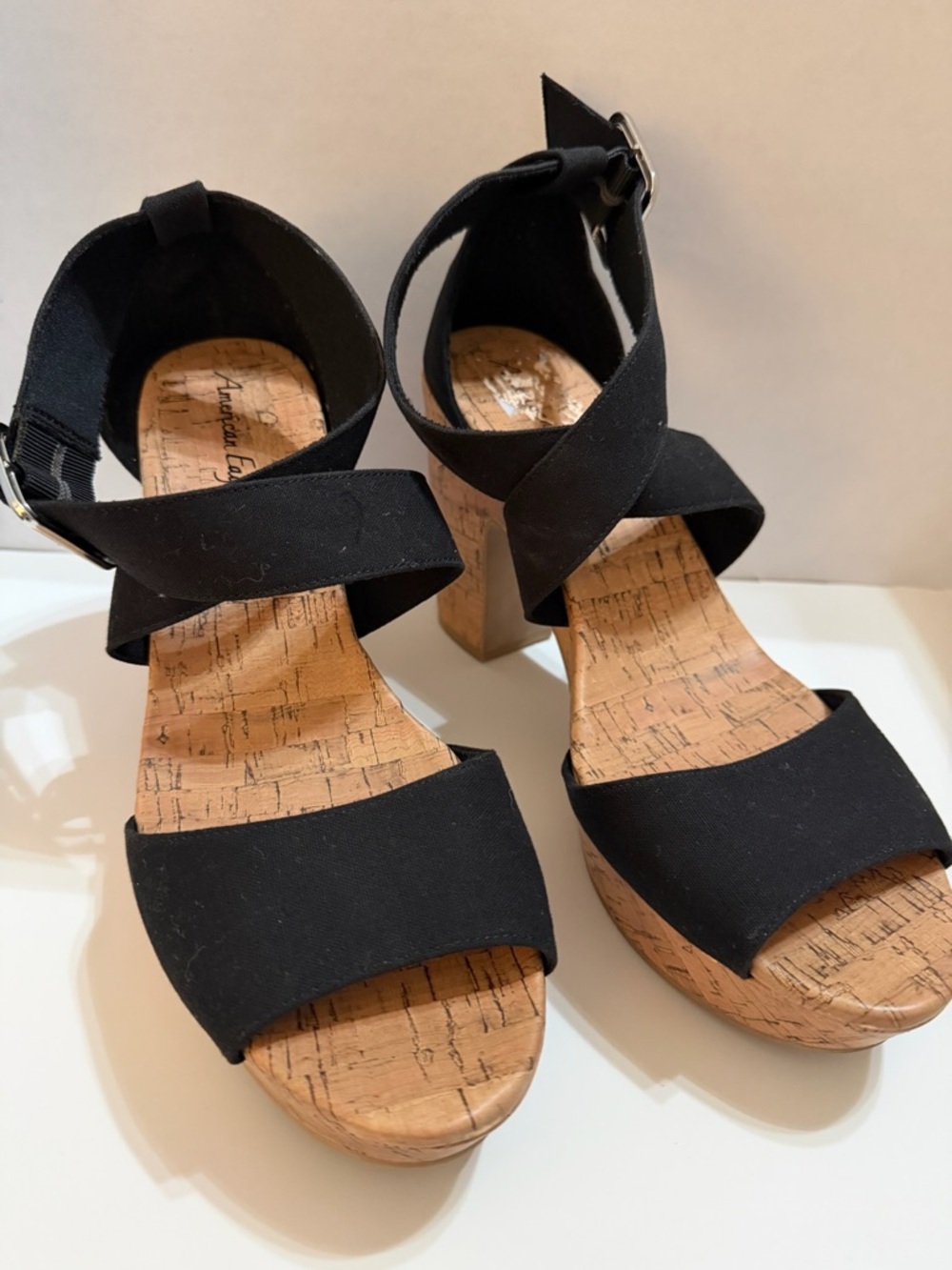 American Eagle Outfitters Black Cork-Platform Crisscross Sandals